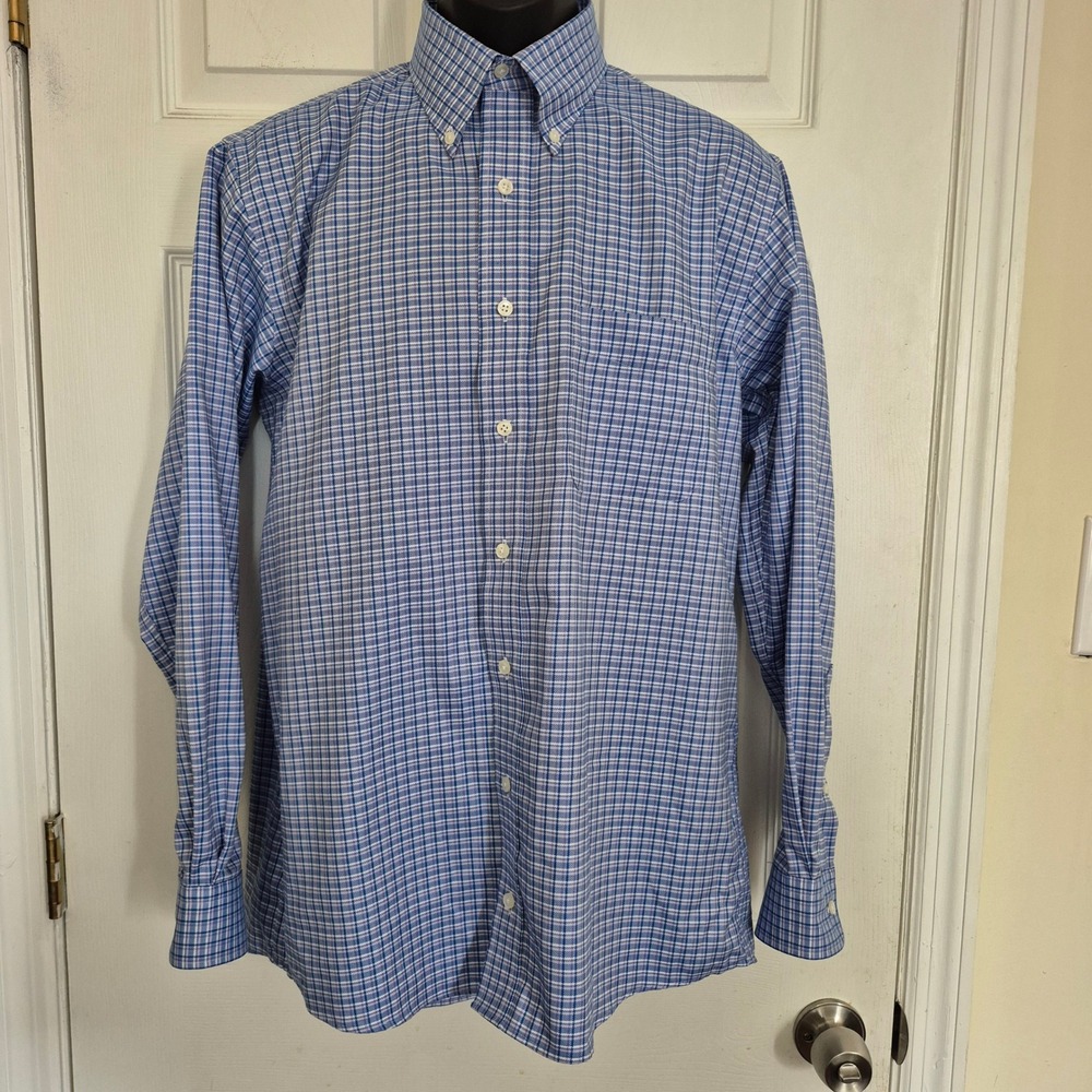 Allen Edmonds Mens Blue Purple Plaid Wrinkle Free Cotton Button Down Shirt M
